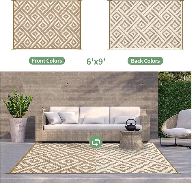 GENIMO Outdoor Rug for Patio Clearance, 6'x9' Waterproof Camping Mat, Reversible Plastic Straw Rugs for RV, Camper, Balcony, Backyard, Picnic, Deck (Brown & White)