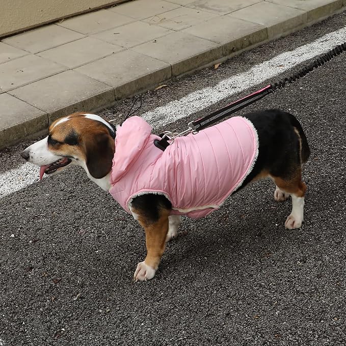Fleece Lining Dog Hoodie with Harness Built in,Extra Warm Large Dog Jacket in Winter Doggie Coats with Drawstring Hooded,Light Pink XXXL