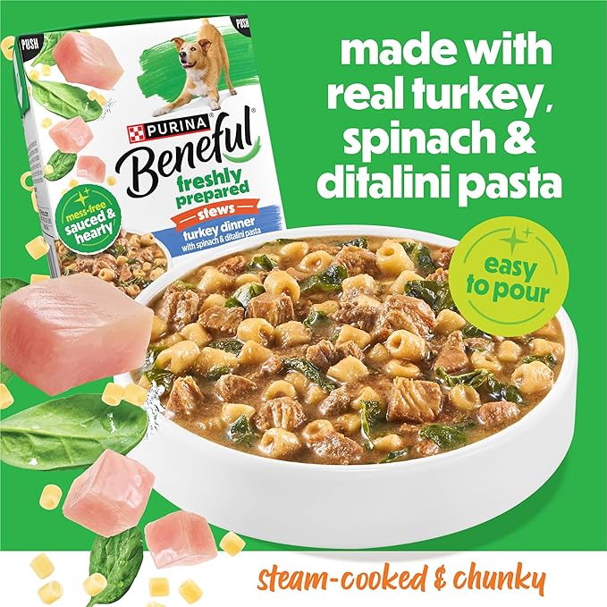 Purina Beneful Freshly Prepared Stews Turkey Dinner with Spinach and Ditalini Pasta Wet Dog Food in Dog Food Gravy - 9.5 oz Carton (Pack of 6)
