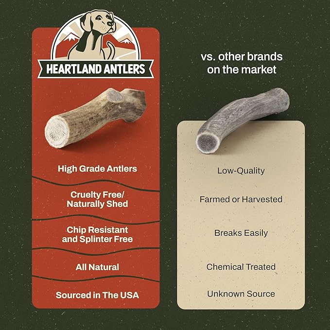 Heartland Elk Antlers for Dogs - Daily Dental Care Chews for Aggressive Chewers to Reduce Plaque & Prevent Destructive Behavior (Splinter Free, Whole, 7", Large, 1-Pack, Grade A, USA Made)