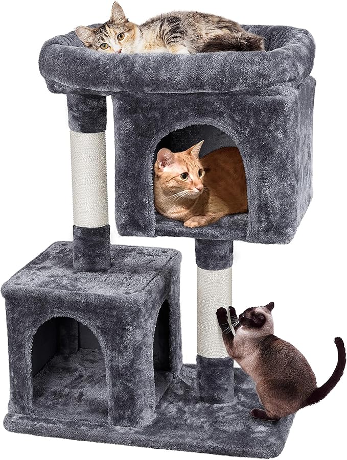 Yaheetech Cat Scratching Post, 33in H Cat Scratcher with Sisal Rope, Cat Furniture w/Large Condos＆Top Perch for Indoor Kitten/Adult Cats, Dark Grey