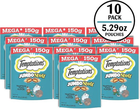 Temptations Jumbo Stuffed Cat Treats, Crunchy and Soft Cat Treats, Tempting Tuna Flavor, 5.3 oz. Pouch (Pack of 10)