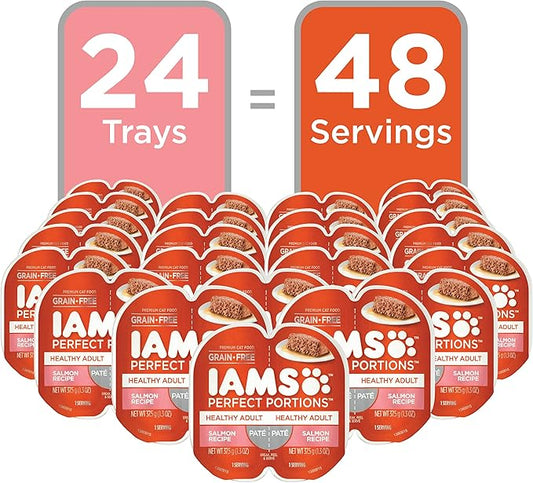 IAMS Perfect Portions Sensitive Digestion & Skin Wet Cat Food Pate, Adult Grain Free Pate, Turkey Recipes, (24) 2.6 oz. Twin-Pack Trays