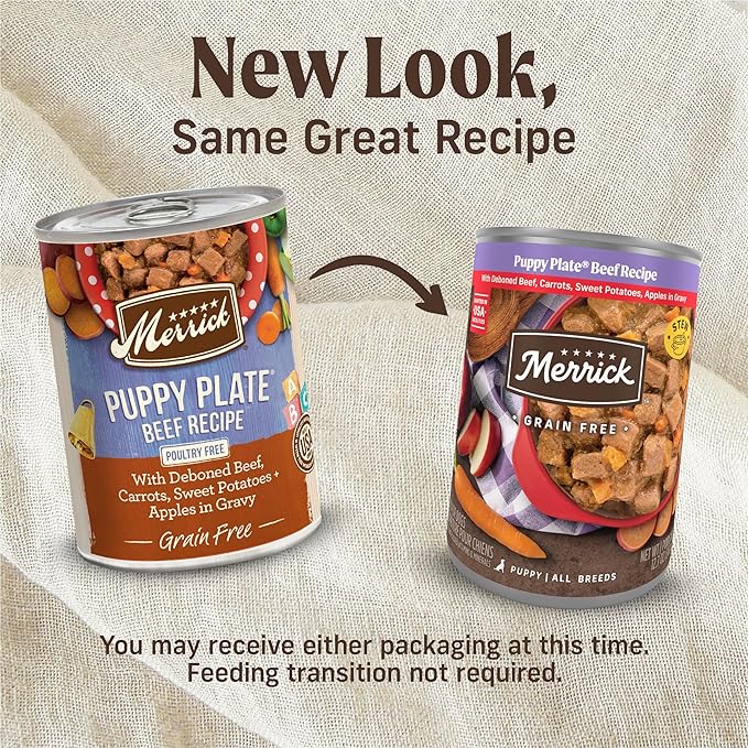 Merrick Grain Free Wet Puppy Food, Premium Soft And Gluten Free Canned Dog Food, Puppy Plate Beef Recipe - (Pack of 12) 12.7 oz. Cans