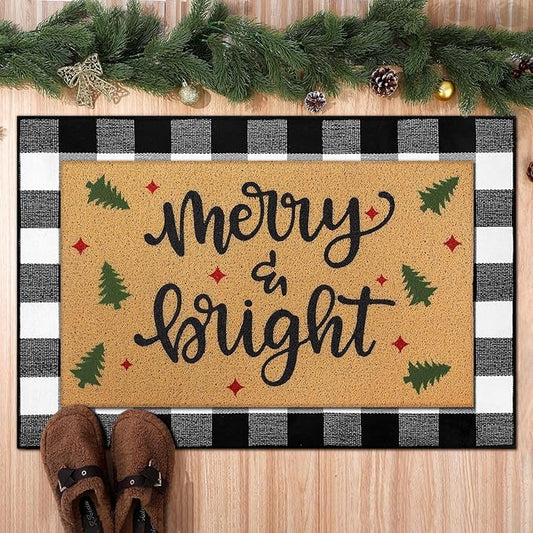 Tinideya 2 Pcs Christmas Welcome Door Mat Merry Bright Outdoor Welcome Mats for Front Door Non Slip Xmas Tree Coir Floor Mat Black White Check Christmas Rug for Outside Front Porch Entryway Decor