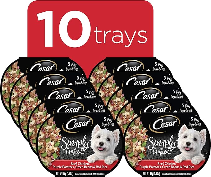 CESAR SIMPLY CRAFTED Adult Soft Wet Dog Food Meal Topper Beef, Chicken, Purple Potatoes, Green Beans & Red Rice, (10) 1.3 oz. Tubs