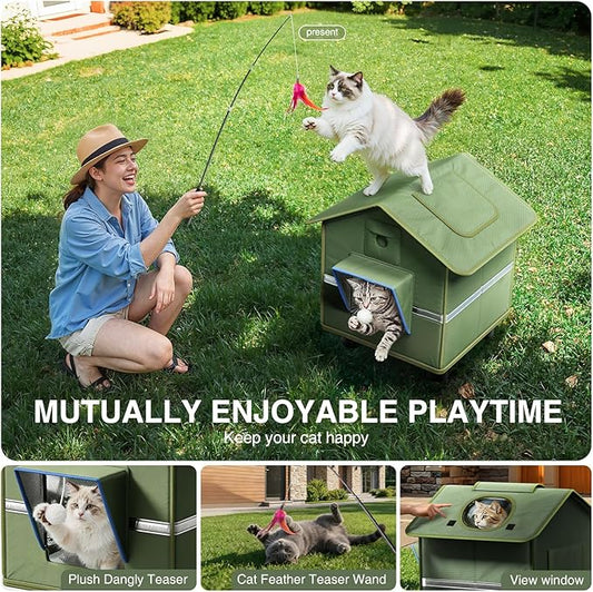 Heated Outdoor Cat House for Outside with Cat Toys and Roof Window Feral Stray Shelter Weatherproof in Garage Yard Porch (with Dual Camera Ports)