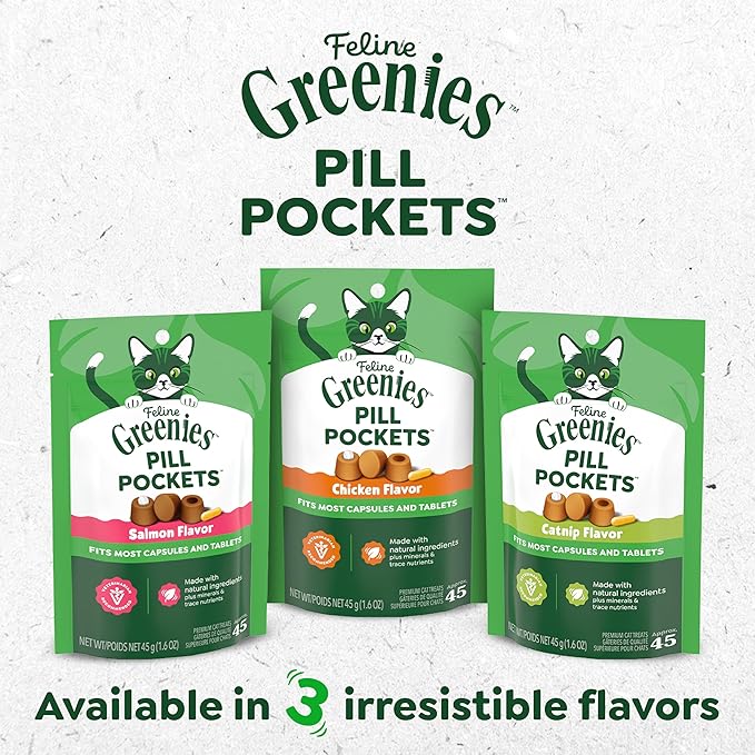Greenies Feline Pill Pockets for Cats Natural Soft Cat Treats, Chicken Flavor, 1.6 oz. Pouch (45 Treats)