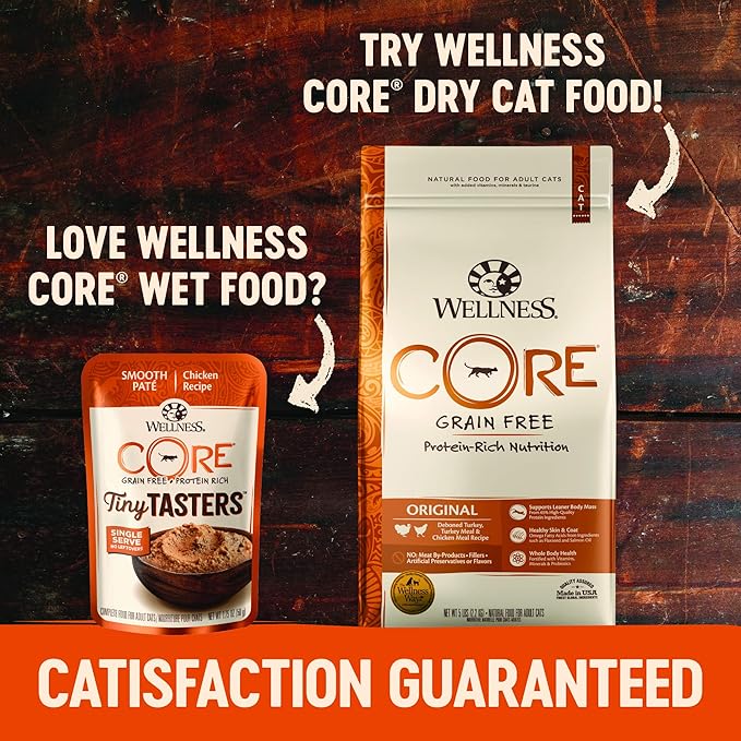 Wellness CORE Tiny Tasters Pate Adult Wet Cat Food, Natural, Protein-Rich, Grain Free, 1.75 Ounce Pouch (Tuna), (Pack of 24)