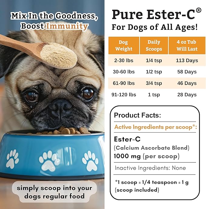 Wholistic Pet Organics Ester-C Powder for Dogs & Cats - Cat & Dog Allergy & Itch Relief - Vitamin C Immune Support Supplement - Itchy Skin Support for Seasonal Dog Allergy Relief - 4 oz - 113 Scoops