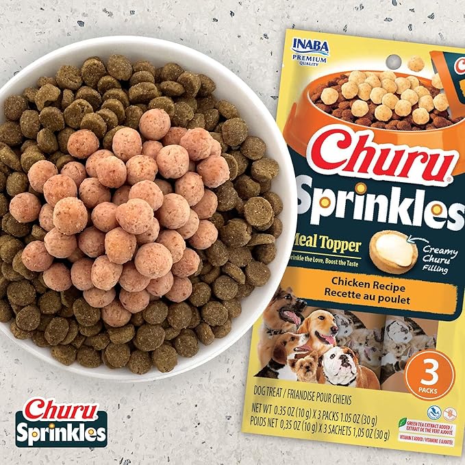 INABA Churu Sprinkles for Dog, Soft & Chewy Churu Filled Dog Meal Toppers with Vitamin E and Green Tea Extract, 1.05 oz. per Pack, 18 Packs Total, Chicken and Vegetable Recipe
