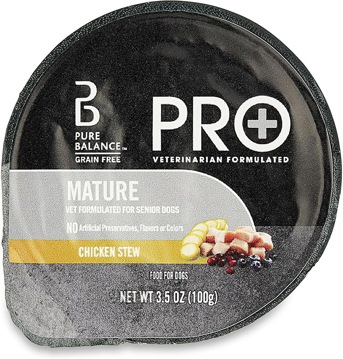 Pure Balance Pro+ Chicken Stew Wet Dog Food for Mature Pets, Grain Free, 3.5 oz Cups - High-Protein Formula, Real Chicken, Senior Dog Food, Supports Healthy Skin & Coat (12 Cups of 3.5 oz)