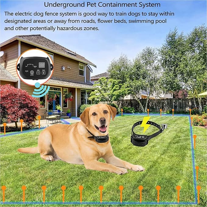 Electric Dog Fence,Aboveground Underground Pet Containment System,Covers up to 3/4 Acre,with Waterproof/Rechargeable Training Collar,Shock/Tone Correction,for 123 Dogs(650 Feet Wire),for3dogs