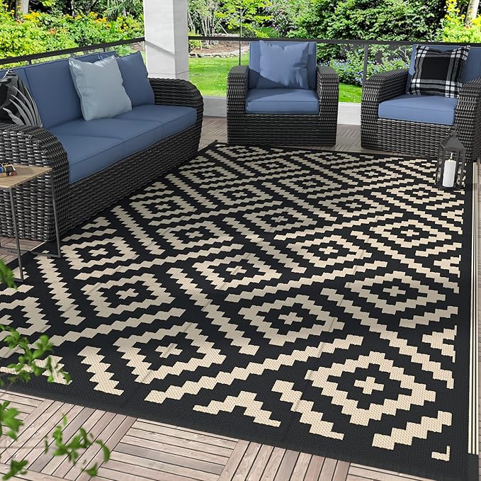 GENIMO 5x8 Outdoor Rug Waterproof, Reversible Mats, Area Rug, Plastic Outside Carpet, Geometric Rv Mat for Patio Camping Rv Picnic Backyard Deck Balcony Porch Beach Trailer (Black & Beige)
