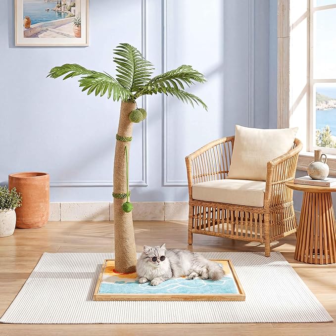 Palm Tree Cat Scratching Post, 43" Tall Carpet Cat Scratcher with Perch for Indoor Cats, Large Base Sisal Scratch Post for Adults & Kittens with Dangling Ball Toy