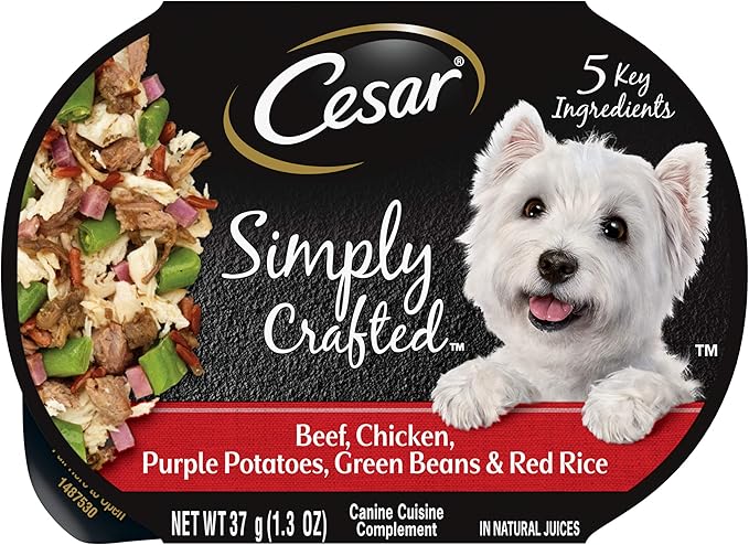 CESAR SIMPLY CRAFTED Adult Soft Wet Dog Food Meal Topper Beef, Chicken, Purple Potatoes, Green Beans & Red Rice, (10) 1.3 oz. Tubs