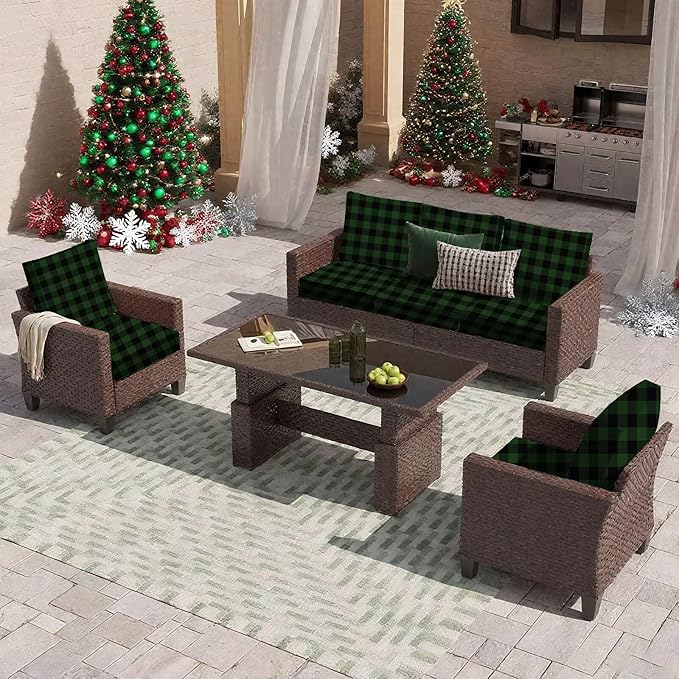 HANDONTIME 8Pcs Christmas Patio Cushion Covers Stretch Outdoor Couch Cover Green and Black Buffalo Check Replacement Cushions Plaid Patio Furniture Covers for Pets Sofa Covers Washable, Cover Only