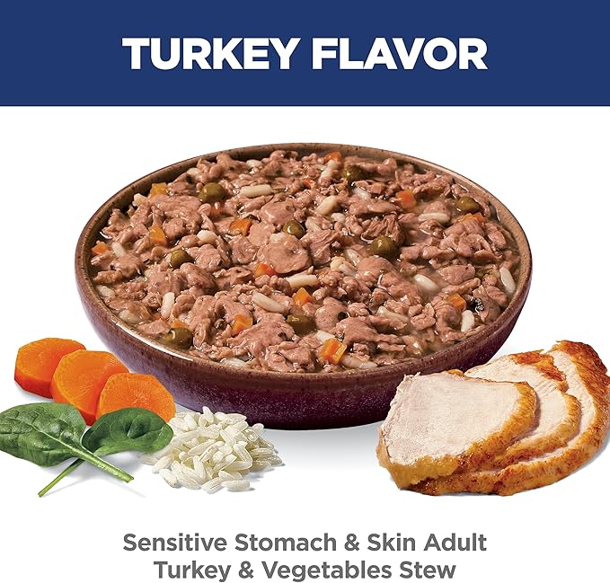 Hill's Science Diet Sensitive Stomach & Skin, Adult 1-6, Stomach & Skin Sensitivity Support, Wet Dog Food, Turkey & Vegetables Stew, 2.8 oz Pouch, Case of 24
