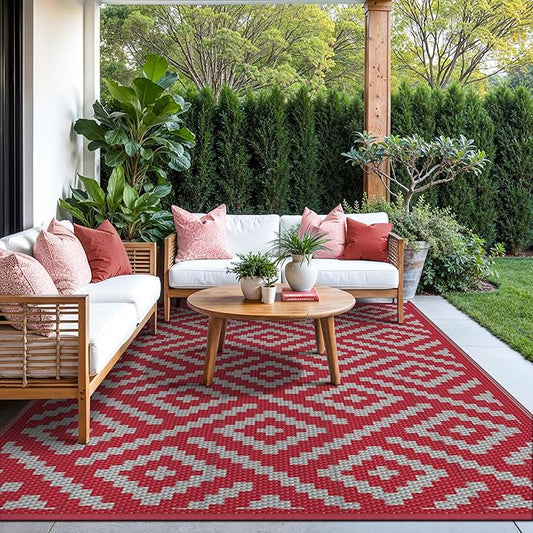 GENIMO Christmas Outdoor Rug for Patio Clearance, 6'x9' Reversible Plastic Straw Rugs, Lightweight Waterproof RV Camping Mat for Camper, Balcony, Deck, Backyard, Picnic, Red Grey