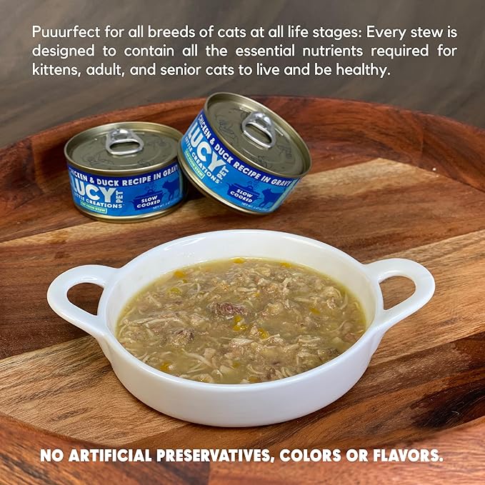Lucy Pet Products Kettle Creations Chicken and Duck Cat Stew Recipe in Gravy 2.47oz, Blue (LPPFFLW400), Pack of 12