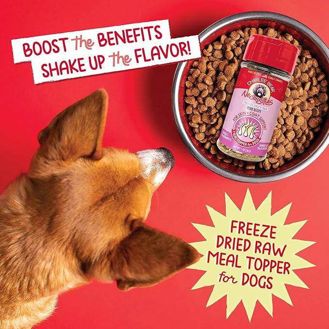 Charlee Bear Necessities Freeze Dried Dog Food Topper, Skin and Coat Support, Grain Free, High Protein, Limited Ingredient Meal Toppers for Dogs, Pork Recipe, 1 Ounce