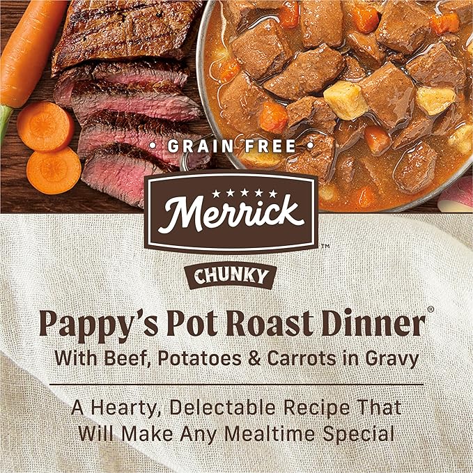 Merrick Chunky Grain Free Premium And Wholesome Canned Dog Food, Real Meat Pappy’s Pot Roast Dinner In Gravy - (Pack of 12) 12.7 oz. Cans