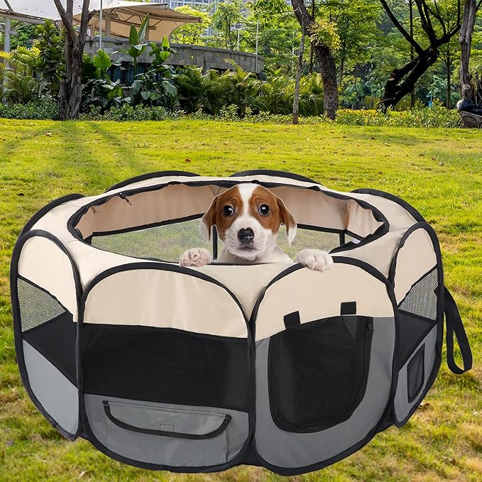 Pet Cat Playpen for Indoor Cats Enclosed,Puppy Small Dog Cat Tent Crates Cage,Portable Pet Dog Playpen,29x29x16,Grey/Beige,1Pack