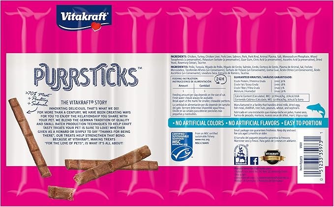 Vitakraft PurrSticks Meaty Cat Sticks - Chicken with Salmon - Segmented and Breakable Meatstick - Deliciously Tender - 6 Count (Pack of 1)