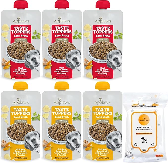 Aurora Pet Variety Pack (6) Applaw Taste Toppers Bone Broth Wet Dog Food Topper [3 Beef, 3 Chicken] with Turmeric & Parsley (7.1 oz Each) with AuroraPet Wipes