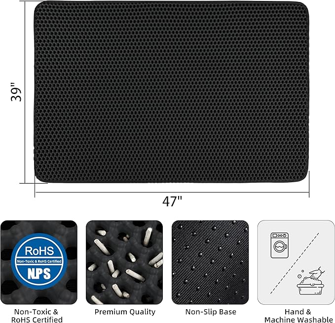 Cat Litter Mat XXL(47" x 39") - Large, Double-Layer, Non-Toxic, Easy Clean, Durable, Black