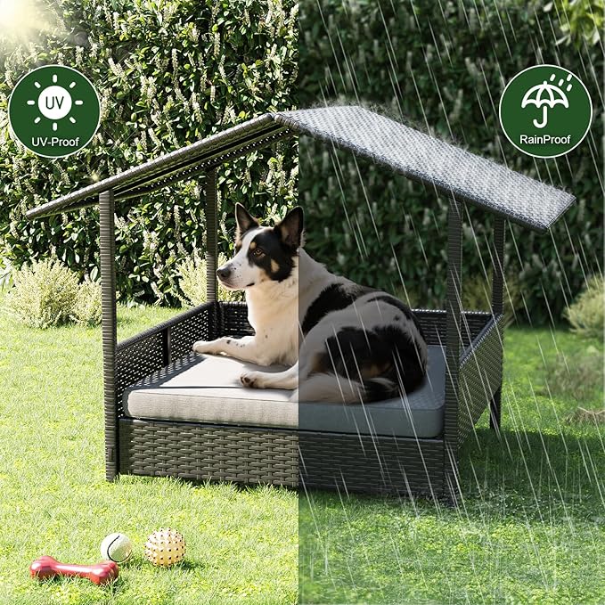 Waleaf Wicker Dog House Outdoor Indoor with Canopy and Removable Cushion, Elevated Rattan Dog Bed Shelter for Small/Medium Dogs, Weather Proof Cushion Cover Pet Cabana for Patio, Deck, Pool, Yard