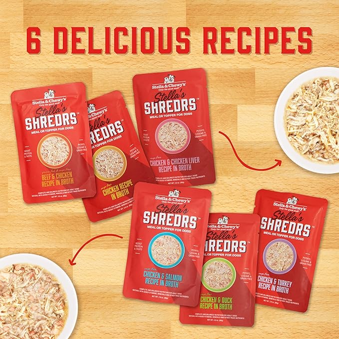 Stella & Chewy's Cage Free Chicken & Turkey Shredrs - Premium Dog Food Pouches - Perfect For Picky Eaters - 24 Pack, 2.8oz Each