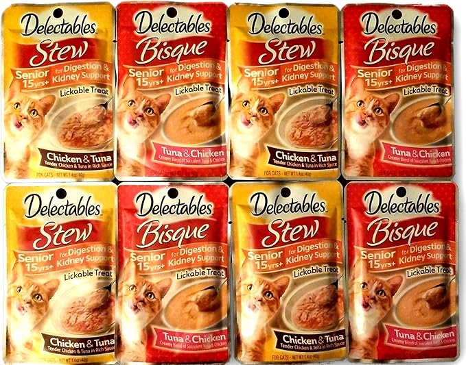 Delectables Lickable Treats Senior 15yrs+ Variety Bundle for Cats. Two Flavors, 4 Pouches of Each Flavor. 8 Total 1.4 oz Pouches.