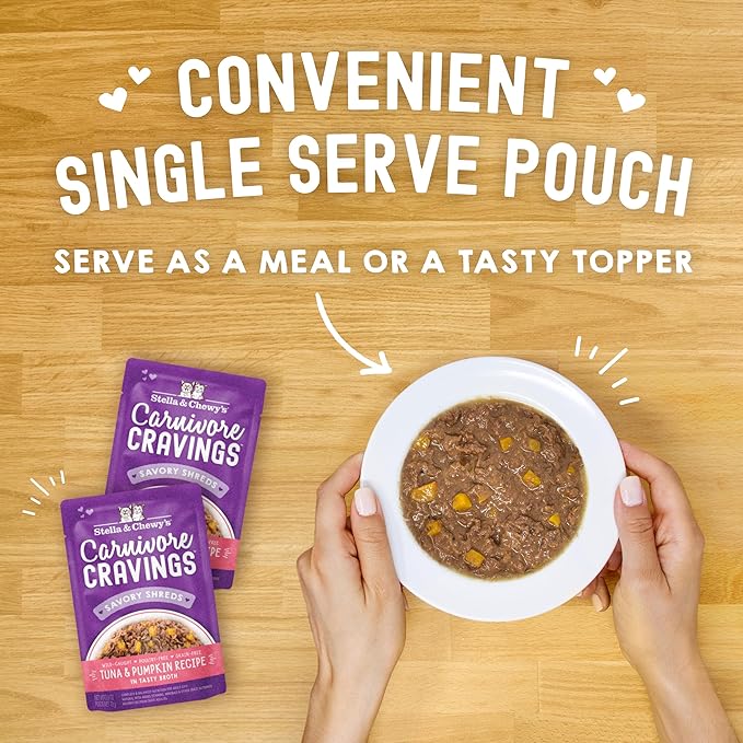 Stella & Chewy's Carnivore Cravings Wet Cat Food - Premium Pouches - Grain Free, High Protein Tuna & Pumpkin - Perfect For Picky Eaters - Complete Meal or Topper (2.8 oz, 24 Pack)