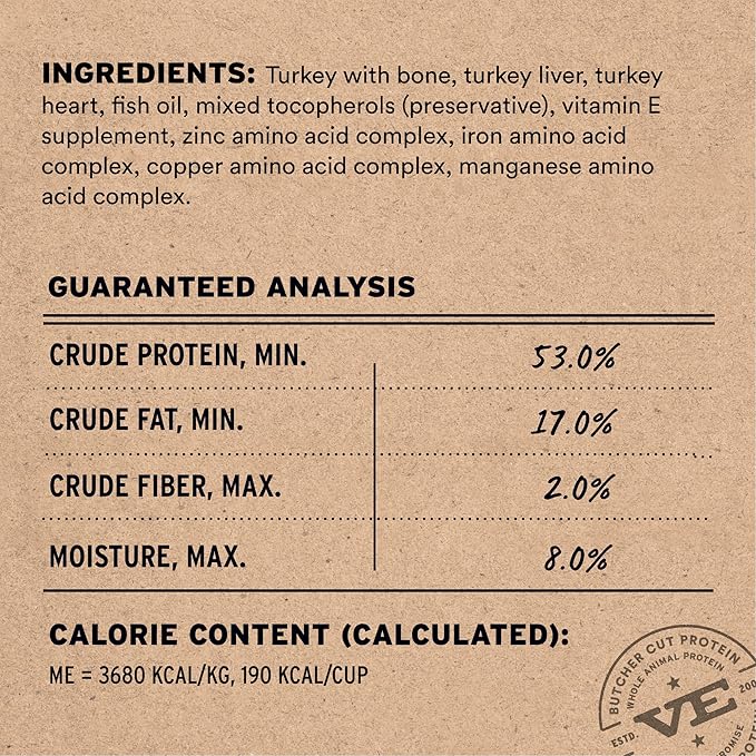 Vital Essentials Freeze Dried Cat Food, Raw Turkey Crunchy Mini Nibs | Complete Meal or Topper | 96% Turkey, Organs & Bone | Limited Ingredient, High Protein, Grain Free Dry Cat Food | 12 oz Bag