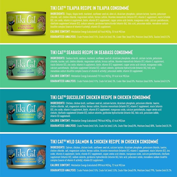 Tiki Cat Luau Grain-Free, Low-Carbohydrate Wet Food with Poultry or Fish in Consomme for Adult Cats & Kittens, 2.8oz, 12pk, Variety