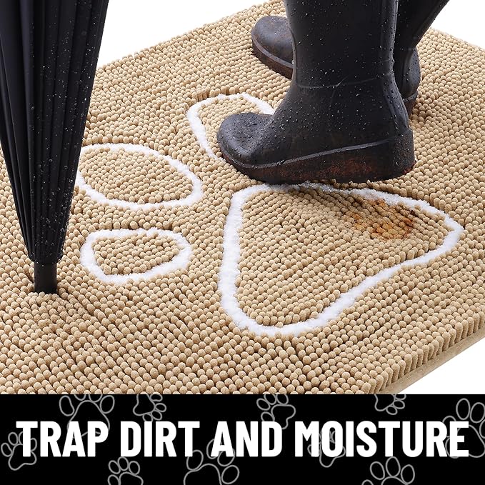 Smiry Dog Door Mat for Muddy Paws, Absorbent Dirt Trapper Non Slip Quick Dry Washable Chenille Mat for Mud Dogs, Entry Rug for Indoor and Outdoor (70x32 Inches, Beige and White)