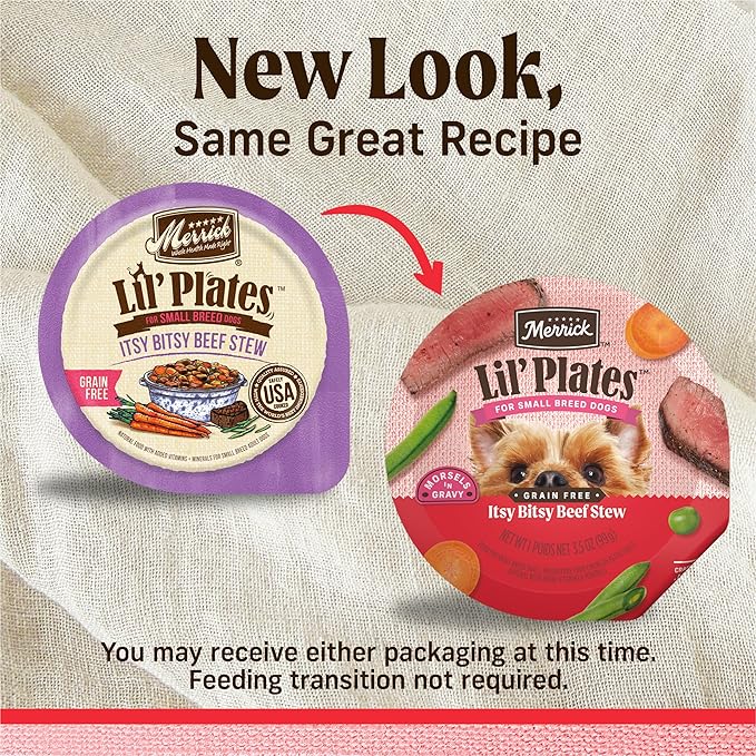 Merrick Lil’ Plates Grain Free And Gluten Free Natural Wet Dog Food For Small Dogs, Soft Itsy Bitsy Beef Stew - (Pack of 12) 3.5 oz. Tubs