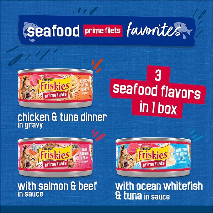 Purina Friskies Gravy Wet Cat Food Variety Pack Seafood Prime Filets Favorites - (Pack of 24) 5.5 oz. Cans