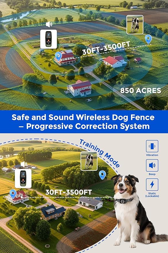 Teendow T800 Pro Wireless Fence for Dogs, Wireless Dog Fence with Remote Control, Waterproof & Rechargeable Electric Dog Fence, HD Display, Bark Control & Training for Outdoor