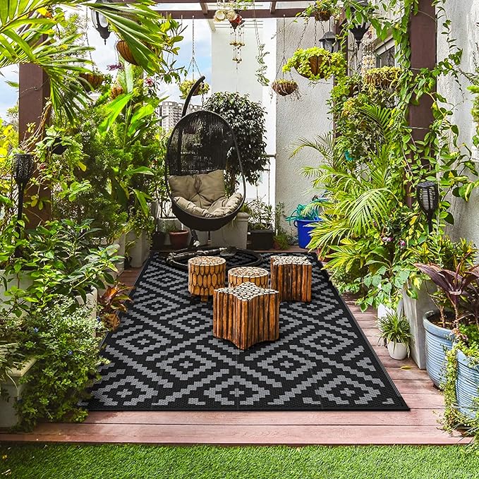GENIMO Outdoor Rug 4x6 Waterproof, Reversible Mats, Outdoor Area Rug, Plastic Outside Carpet, Eeometric Rv Mat for Patio Camping Rv Picnic Backyard Deck Balcony Porch Beach (Black & Grey)