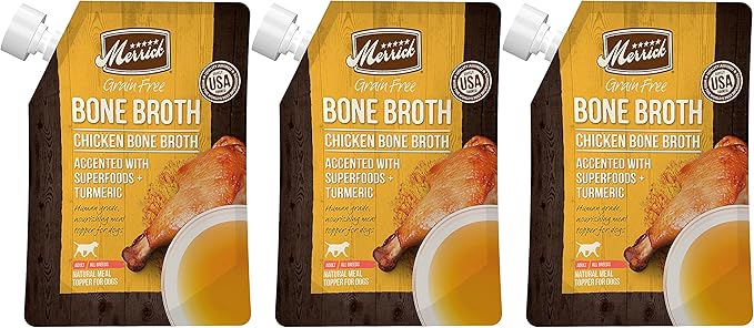 Merrick Grain Free Bone Broth Natural Meal Topper for Dogs, Accented with Superfoods & Cinnamon, for Adult Dogs of All Breeds (Chicken, 16 Ounce,Pack of 3)