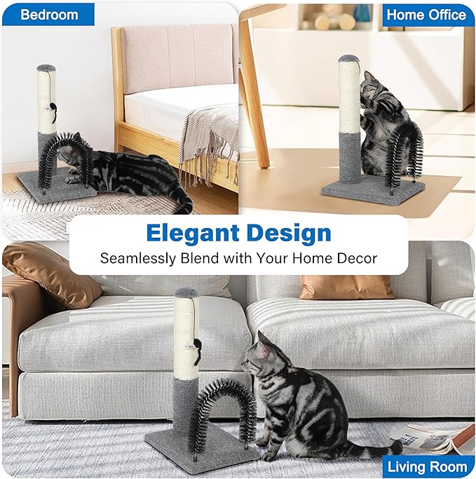Simple Deluxe Small Cat Scratching Post with Arch Self Groomer, 18 Inches Scratching Post for Indoor Kitten to Adult Cats, Stable Sisal Post with Extra Interactive Dangling Plush Toy, Gray