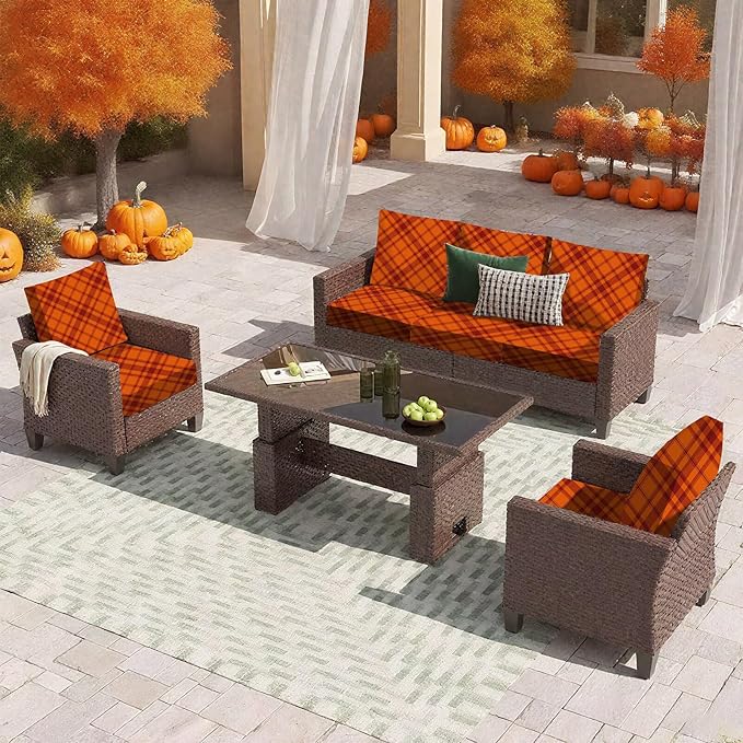 HANDONTIME 8Pcs Thanksgiving Patio Cushion Covers Stretch Couch Covers Plaid Replacement Cushions for Outdoor Buffalo Check Patio Furniture Covers for Pets Sofa Covers Washable (Autumn,Cover Only)