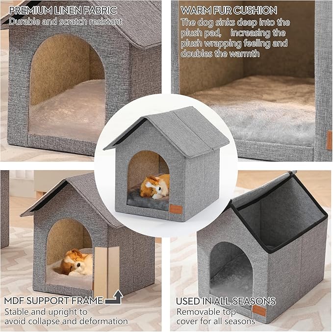 Indoor Dog House with Washable Plush Cushion - Small Size, Suitable for Small Dogs & Adult Cats