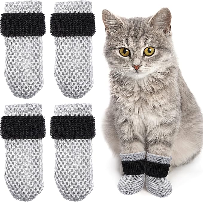 4Pcs Cat Boots - Cats Nail Caps Mittens Paw Covers Shoes for Bathing Shaving Checking Nail Cutting Pet Grooming Socks Anti-Scratch Adjustable Pet Claw Protector Foot Sleeves - Grey M