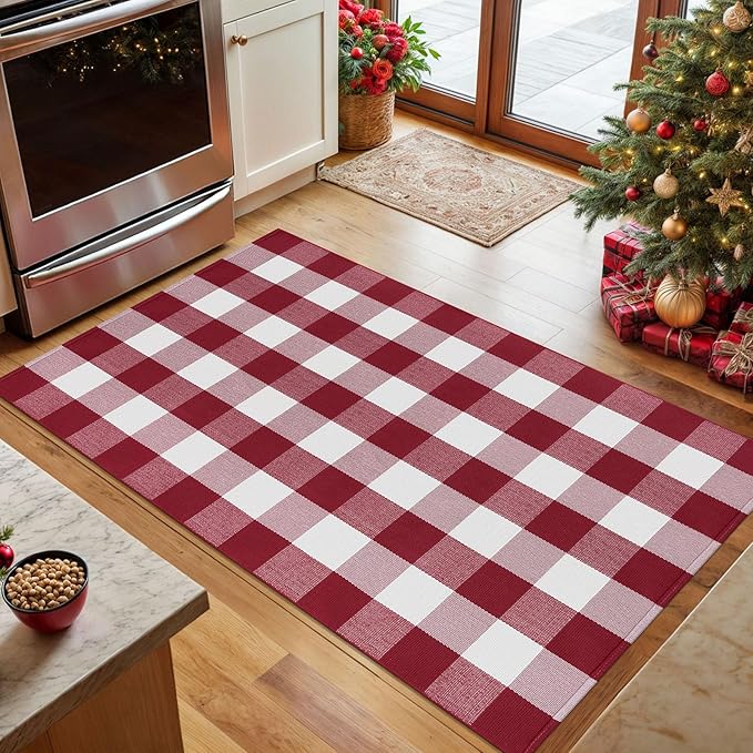 KOZYFLY Buffalo Plaid Rug 3x5 Ft Red and White Checkered Rug Christmas Halloween Fall Door Mat Woven Cotton Washable Area Rugs Door Mat Outdoor Entrance for Front Porch Entryway