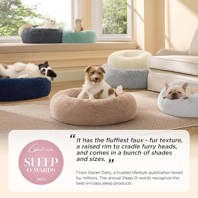 Bedsure Calming Dog Bed for Large Dogs - Donut Washable Large Pet Bed, 36 inches Anti-Slip Round Fluffy Plush Faux Fur Dog Bed, Fits up to 80 lbs Pets, Dark Grey