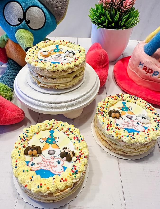 Crispy Yellow 3D Dog Birthday Cake- Edible Puppy Party Crispy Corn Grits Cake- Handmade with Love- Perfect Dog Party Cake Boxed, Iced and Decorated