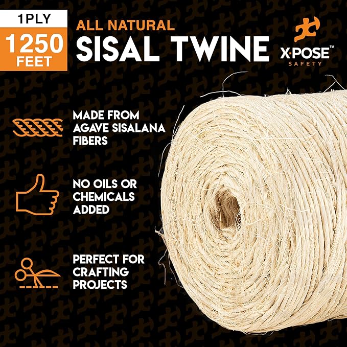 Sisal Twine - Thin Natural Fiber Rope on Spool - Rope for Cat Scratching Post, Cat Tree Replacement Parts, Pet Toy - Decorative Cordage, Pole Wrap (1, 1 Ply 1250 Ft.)